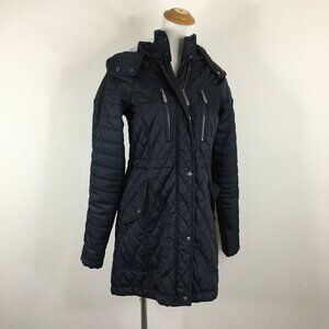VINCE CAMUTO Dark Blue Quilted Zip Pockets Adj Waist Hem Drawstring Hood Jacket